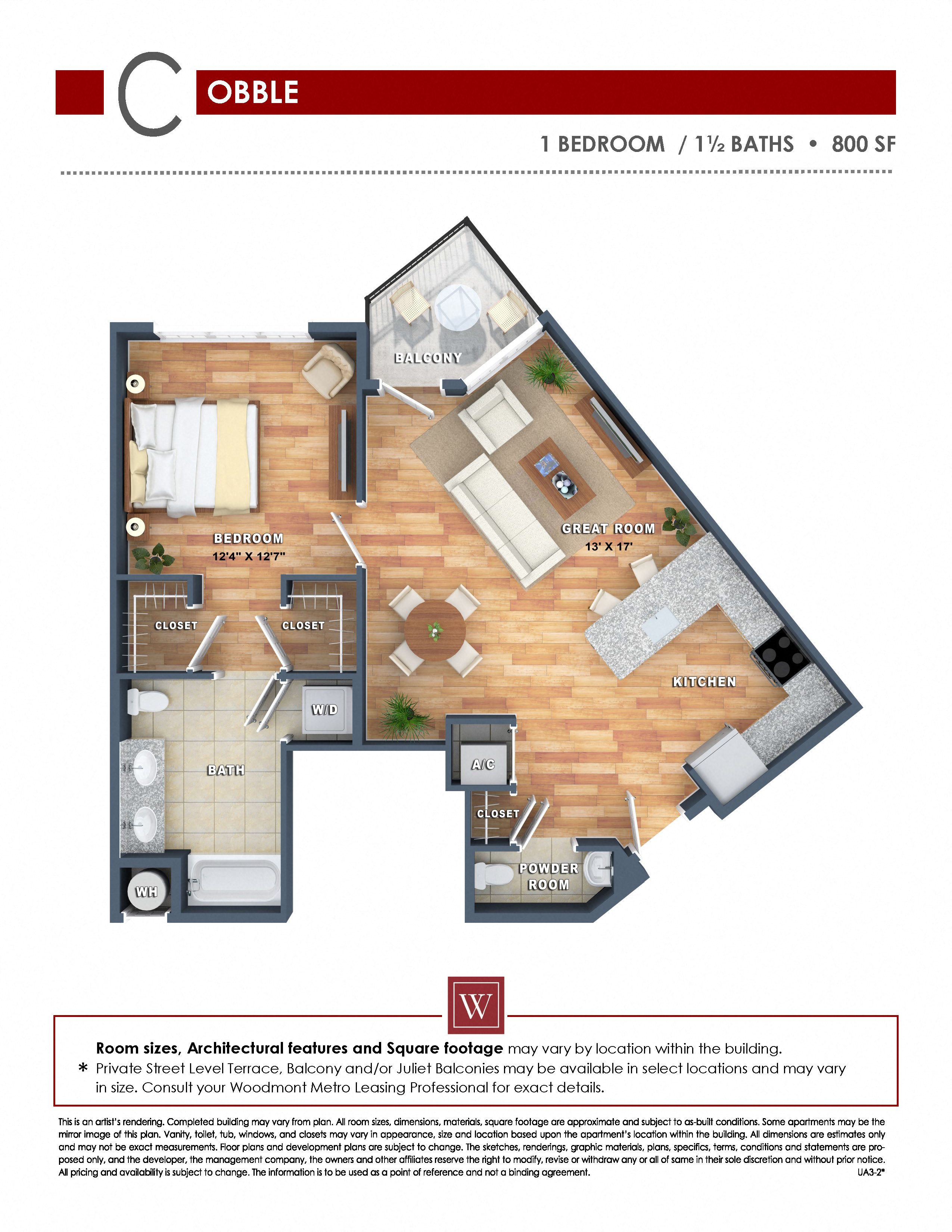 Floor plan for 1 bed, 1.5 baths, 800 sqft